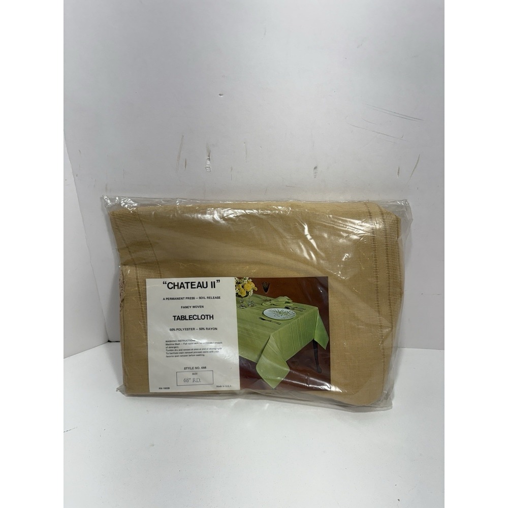 Vtg Retro Chateau II  68" Round Fancy Woven Feinge Tablecloth Beige Fringed New